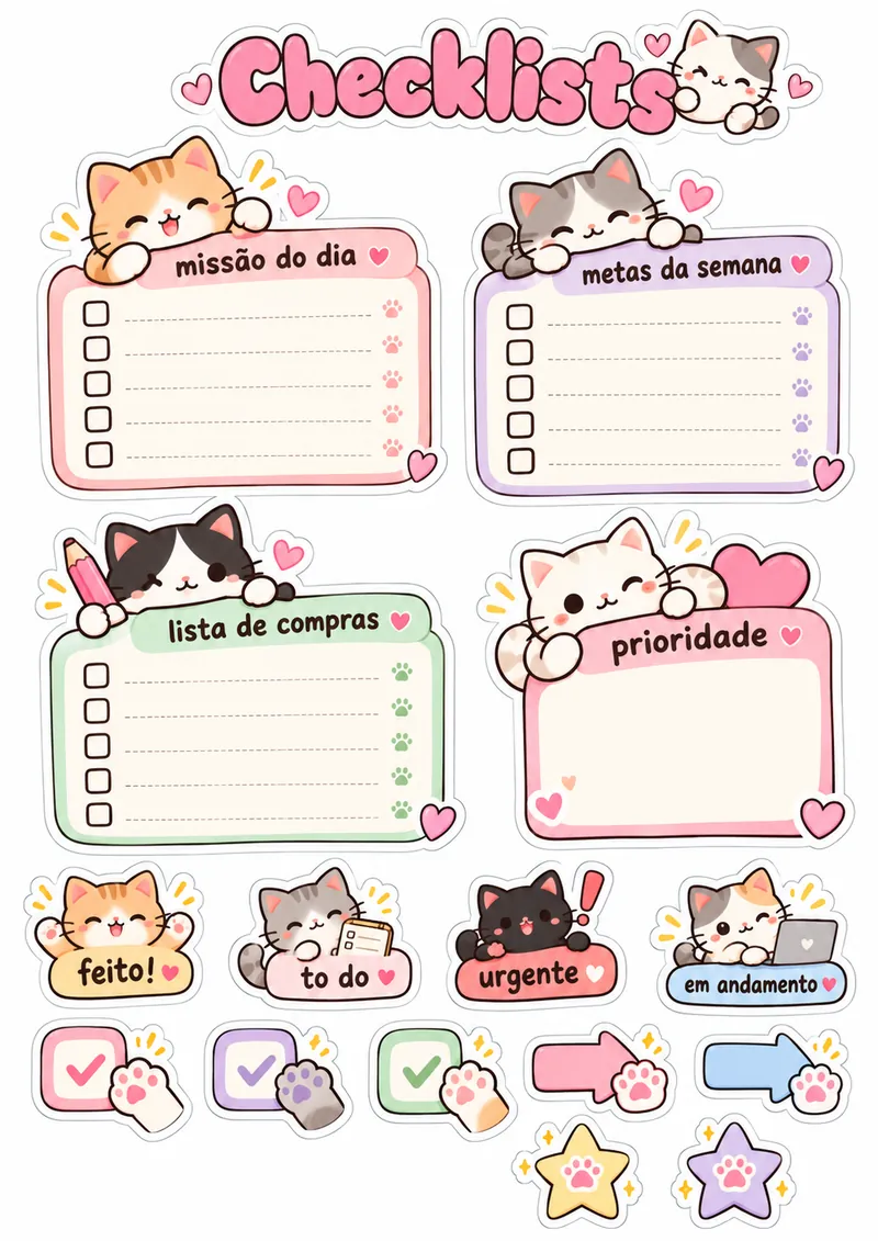 Folha de adesivos de checklists com gatinhos