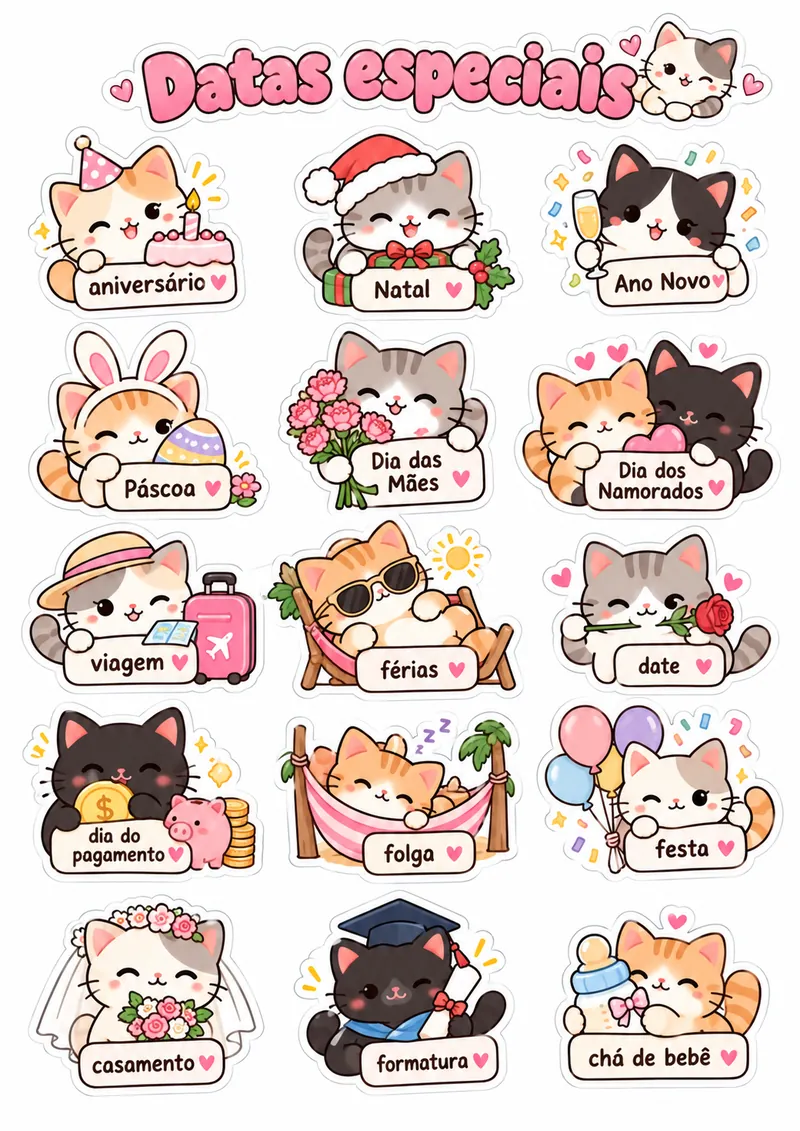 Folha de adesivos de datas especiais com gatinhos