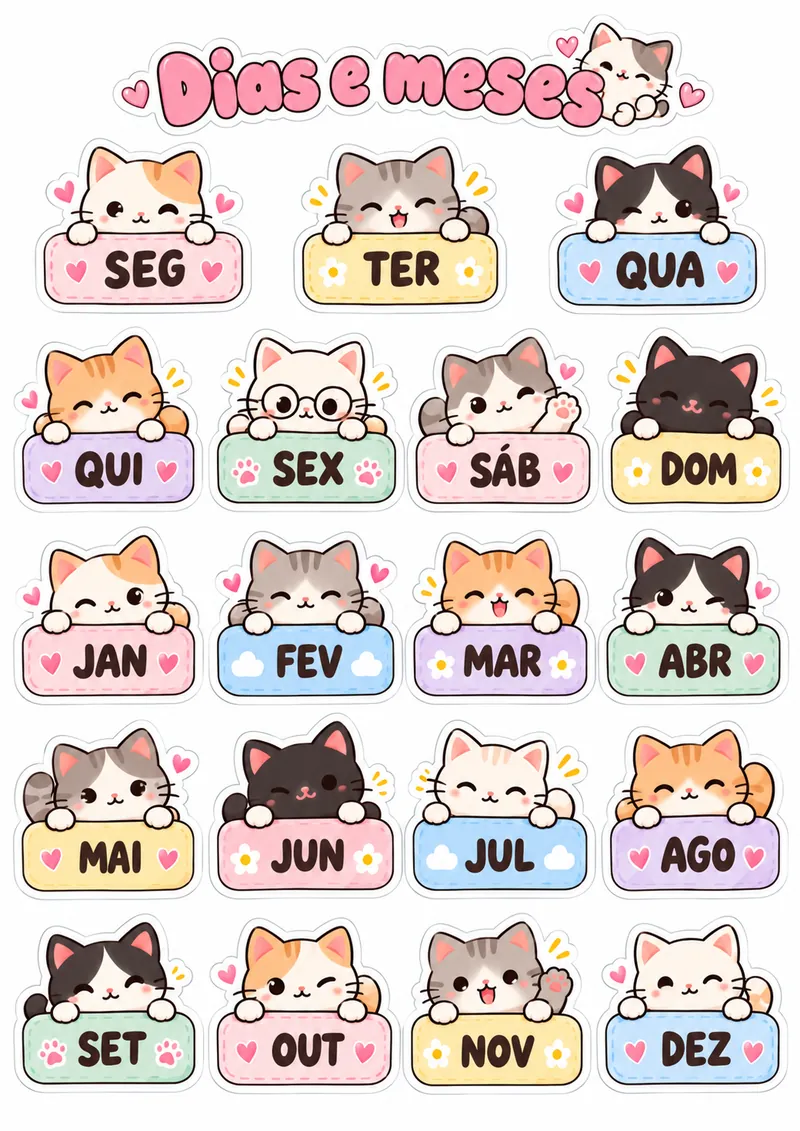Folha de adesivos de dias da semana e meses com gatinhos