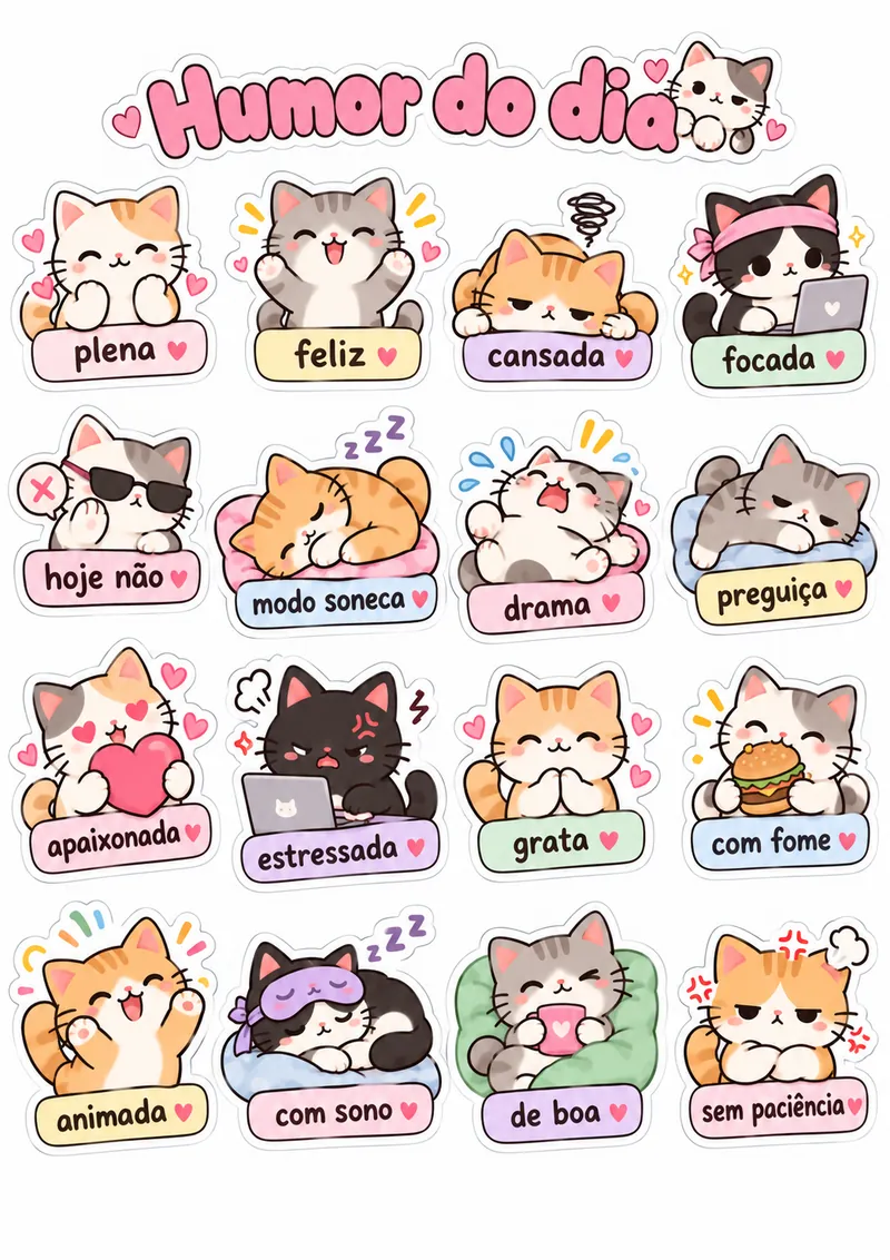 Folha de adesivos de humor do dia com gatinhos