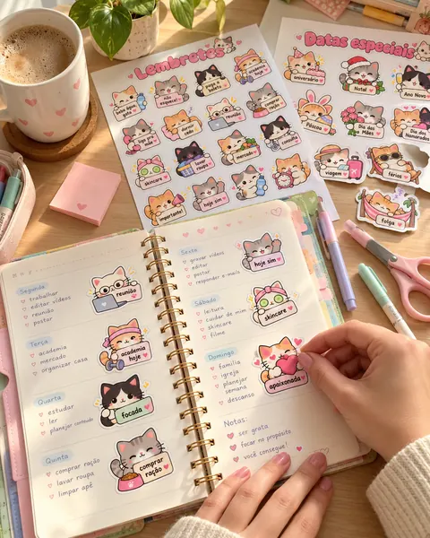 Agenda aberta com adesivos de gatinho colados, folhas impressas, tesoura e café